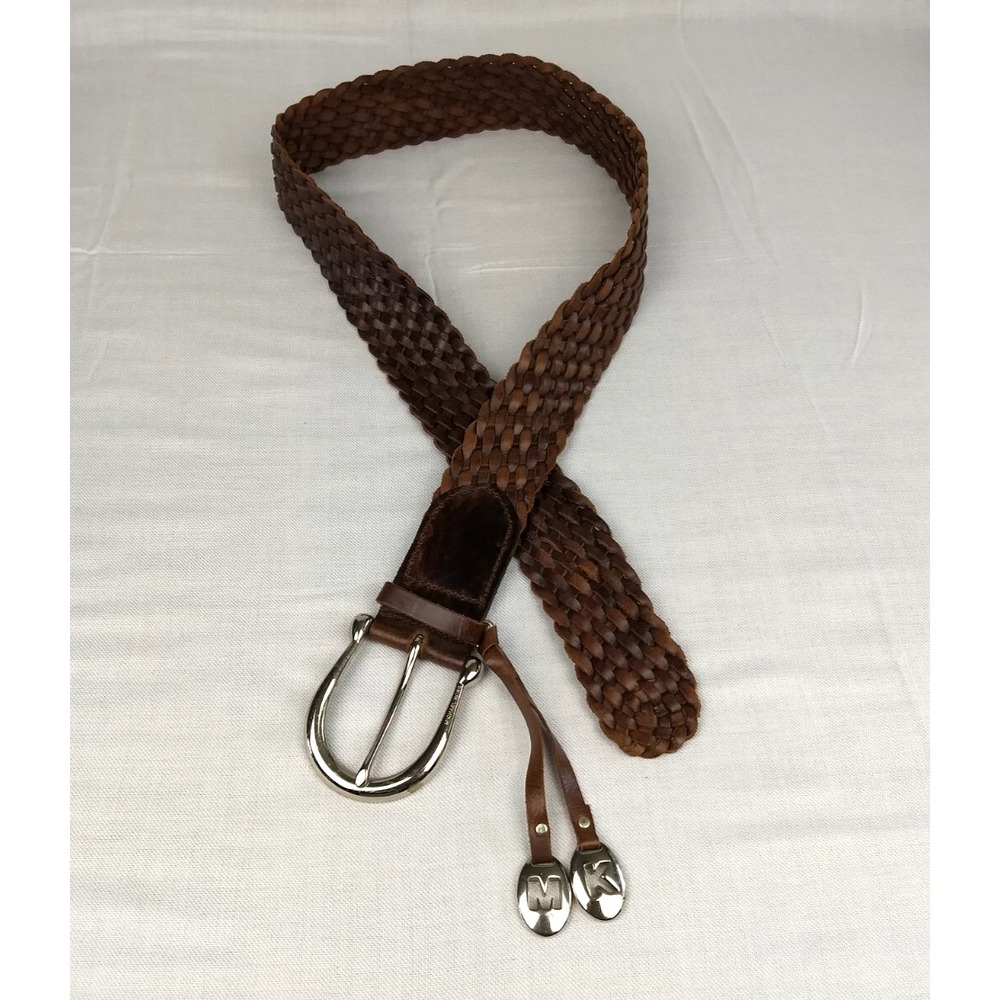 Michael Kors Braided Leather Belt Women 44" Brown Woven Silver Buckle Logo Charm